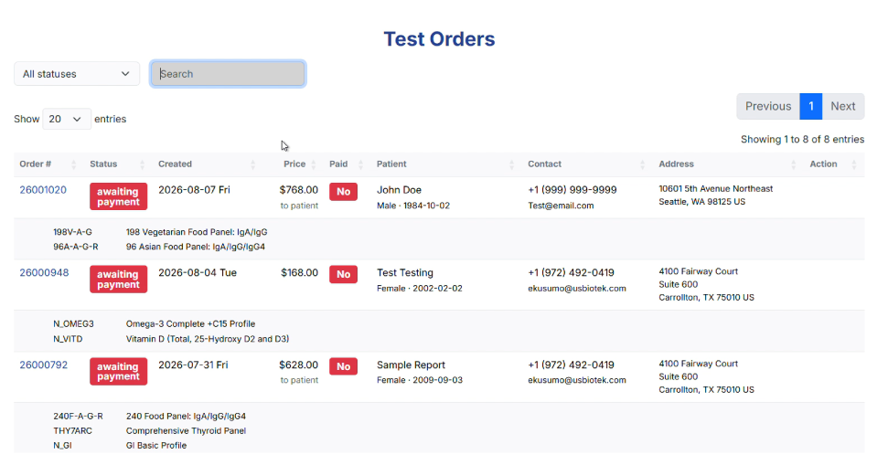 Order status: Ordered Tests